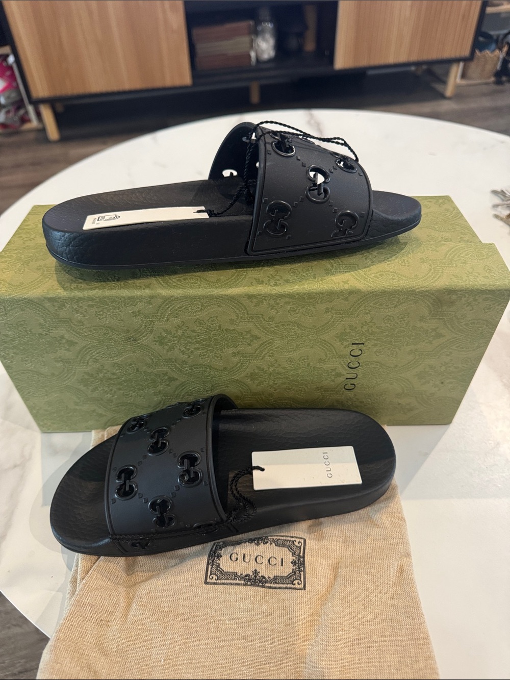 Gucci Black Embossed Interlocking G Slide Sandals